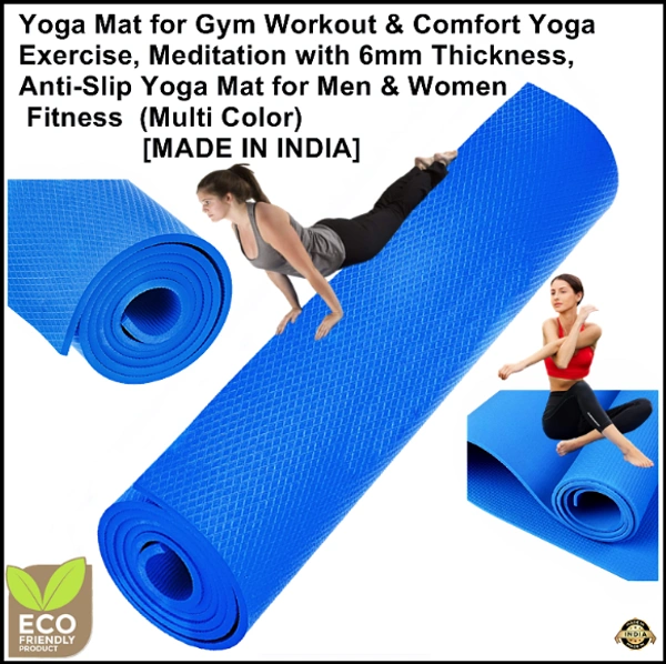 Yoga Mat for Gym Workout & Comfort Yoga Exercise, Meditation with 6mm Thickness, Anti-Slip Yoga Mat for Men & Women Fitness (Multi Color) [MADE IN INDIA] 